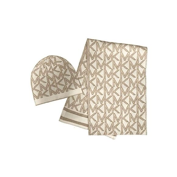 Michael Kors Accessories - Michael Kors Women's Metallic Logo Muffler Scarf and Knit Beanie Set Cream/Gold,